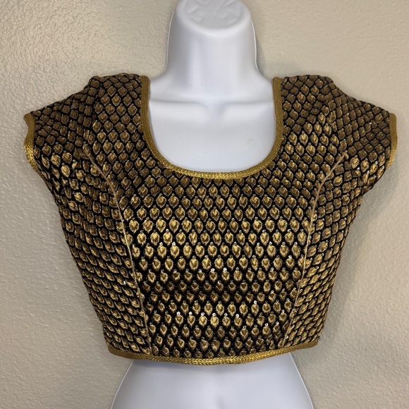 Tops - Gold Embroidered Indian Choli Blouse Black Beaded Festival Dance Crop Top M